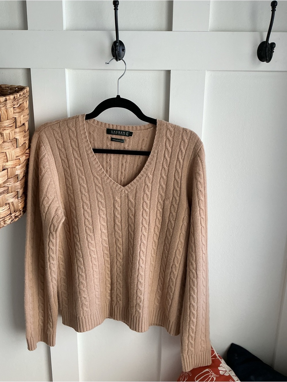 Ralph Lauren Cashmere Tan Cable-Knit V-Neck Sweater